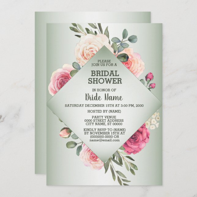 Invitation Pink Floral Rustic Geometric Green Bridal Shower (Devant / Derrière)