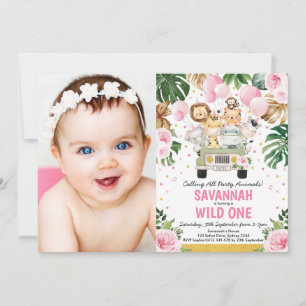 Invitation Pink Floral Safari Animaux Wild One Girl Anniversa