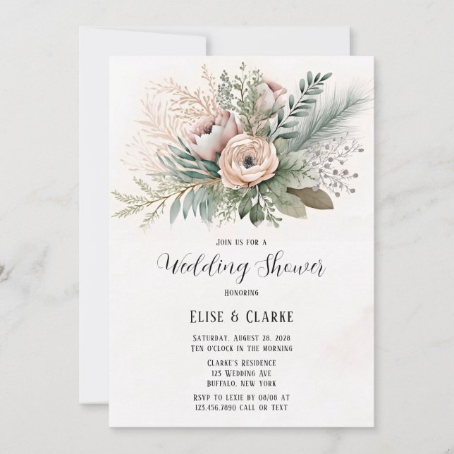 Invitation Pink Floral Sage Greenery Invitatiatiatio Wedding  (Devant)