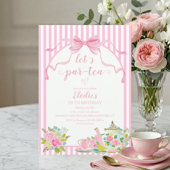 Invitation Pink Floral Stripe Let's Par-tea Birthday (lets par-tea pink bow coquette parisian stripe floral girls birthday tea party invitation)