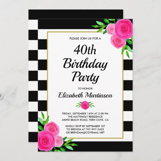 Invitation Pink Floral Stripes 40e Anniversaire Fête Invitati (Devant / Derrière)