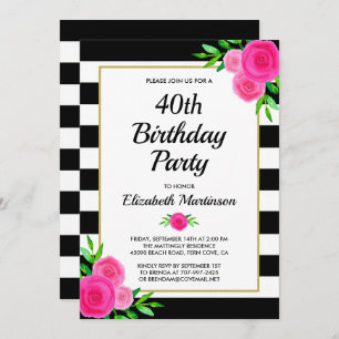 Invitation Pink Floral Stripes 40e Anniversaire Fête Invitati