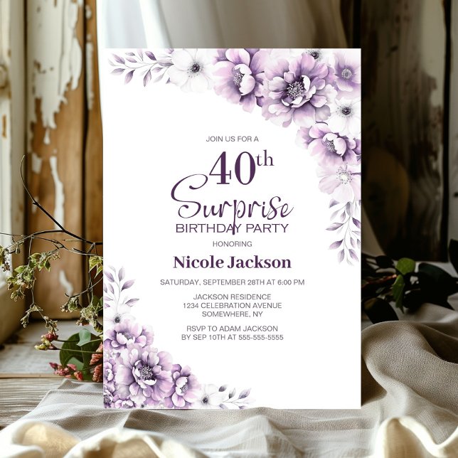 Invitation Pink Floral Surprise 40e anniversaire (Créateur téléchargé)