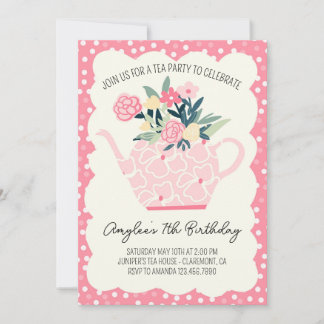 Invitation Pink Floral Tea Party Fille Anniversaire Invitatio