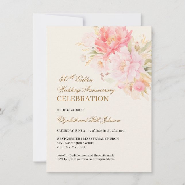 Invitation Pink Floral Theme Gold 50th Wedding Anniversary (Devant)
