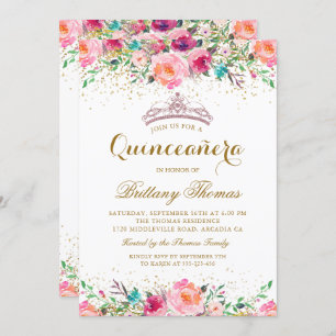 Invitation Pink Floral Tiara Quinceanera 15e anniversaire Inv