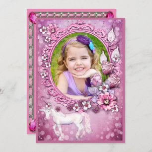 Invitation Pink Floral Unicorne Photo Anniversaire