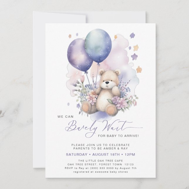 Invitation Pink Floral violet Baby shower de la fille ours de (Devant)