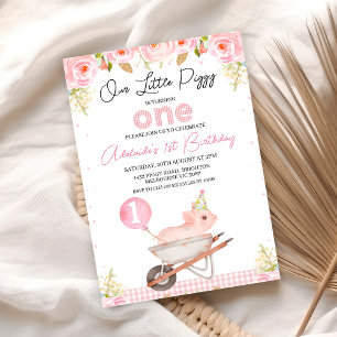 Invitation Pink Floral Wheelbarrow Little Piggy 1er Anniversa