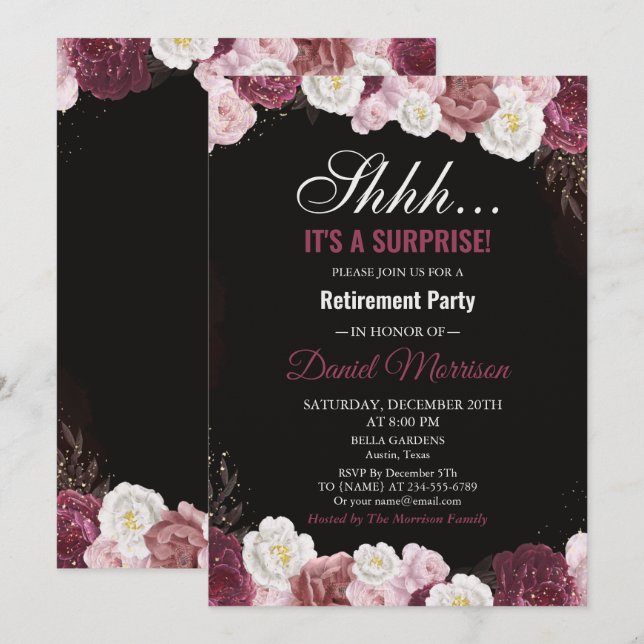 Invitation Pink Floral White Gold Surprise Retraite Party (Devant / Derrière)