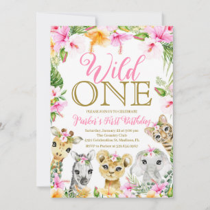 Invitation Pink Floral Wild One Jungle Safari Anniversaire fi