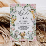 Invitation Pink Floral Wild One Jungle Safari Anniversaire fi<br><div class="desc">Célébrez votre petit sauvage en tournant un avec cette invitation d'anniversaire fantaisiste safari à thème jungle. Le design comprend un groupe d'adorables animaux safari et de jolies fleurs d'aquarelle rose.</div>