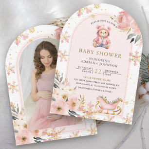 Invitation Pink Floral Winter Teddy Bear Baby shower photo
