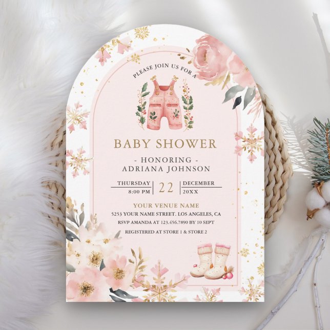 Invitation Pink Floral Winter Wonderland Arch Baby shower (Créateur téléchargé)