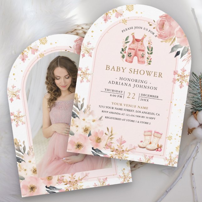 Invitation Pink Floral Winter Wonderland Baby shower photo (Créateur téléchargé)