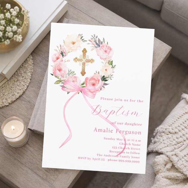 Invitation Pink floral wreath cross bow girl baptism (Créateur téléchargé)