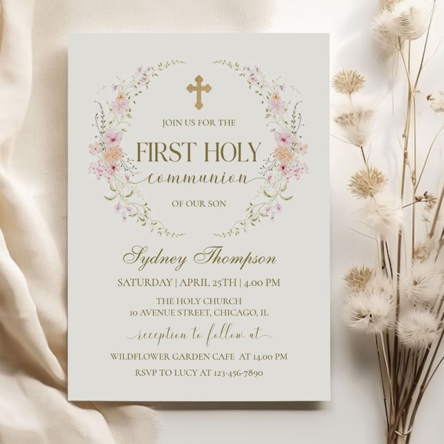 Invitation Pink Floral Wreath Cross Girl First Communion (Créateur téléchargé)