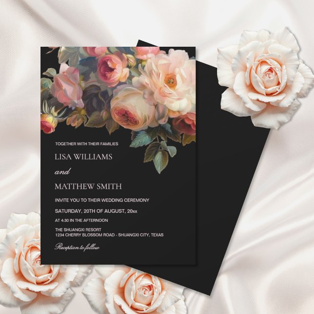 Invitation Pink Flower Dark Floral Roses Wedding (Créateur téléchargé)