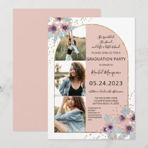 Invitation Pink Flowers Glitter Confetti Photo Graduation