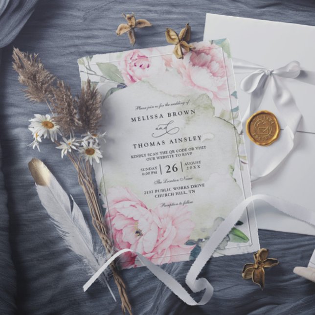 Invitation Pink Flowers Greenery Elegant QR Code Wedding (Créateur téléchargé)