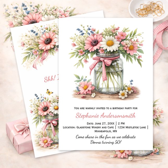 Invitation Pink Flowers Mason Jar Birthday Party | (Créateur téléchargé)