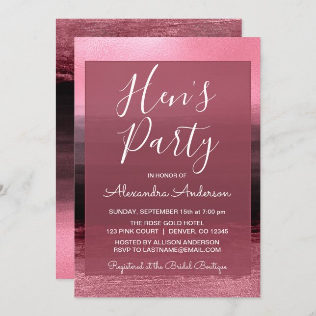 Invitation Pink Foil Girly Paint Strokes Hen's Party (Devant / Derrière)