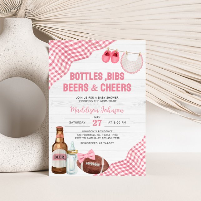 Invitation Pink Football Baby Shower (Bottles, Bibs, Beers & Cheers Baby Shower Invitation)