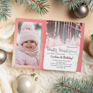 Invitation Pink Forest Winter Wonderland Girls 1er anniversai