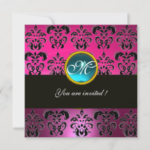 Invitation PINK FUCHSIA BLACK DAMASK MONOGRAM, bleu aquamarin