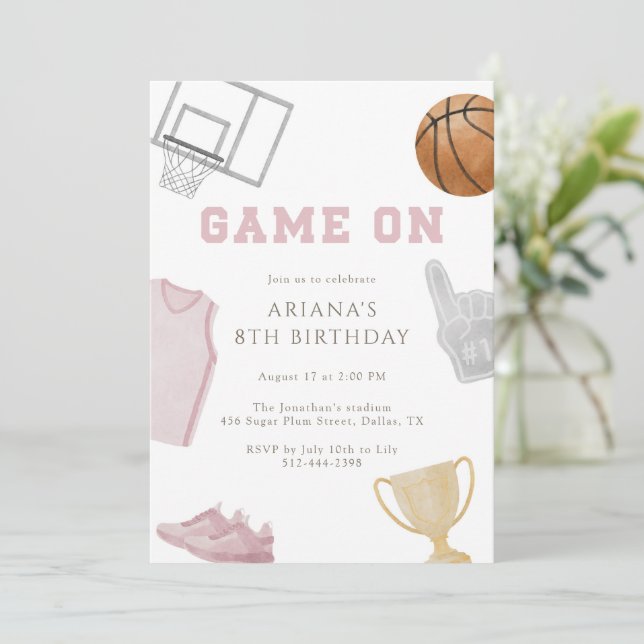 Invitation Pink Game On Basketball Birthday Jersey Watercolor (Debout devant)
