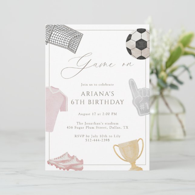 Invitation Pink Game On Soccer Birthday Party Girls Sports  (Debout devant)