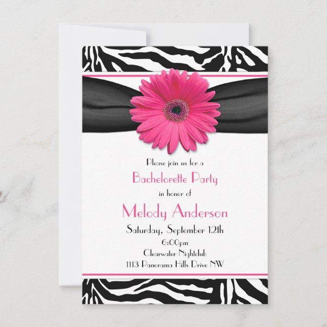 Invitation Pink Gerber Daisy Zebra Print Bachelorette Party (Devant)