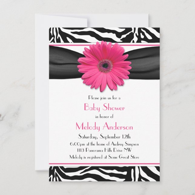 Invitation Pink Gerber Daisy Zebra Print Girl Baby shower (Devant)