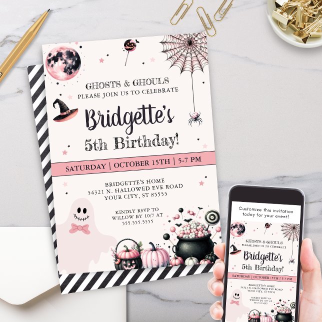 Invitation Pink Ghost Little Boo Halloween fête d'anniversair (Modern pink halloween theme birthday party invitation for girly halloween party invites with ghost)
