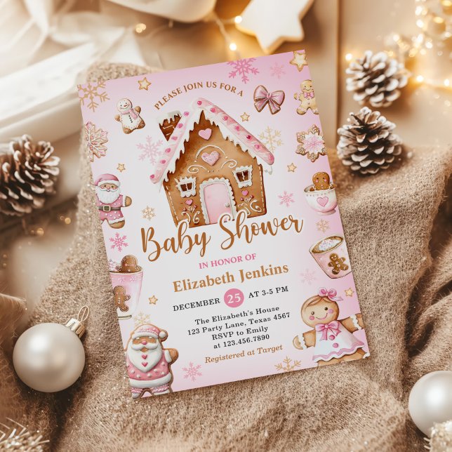 Invitation Pink Gingerbread House Christmas Baby Shower (Créateur téléchargé)