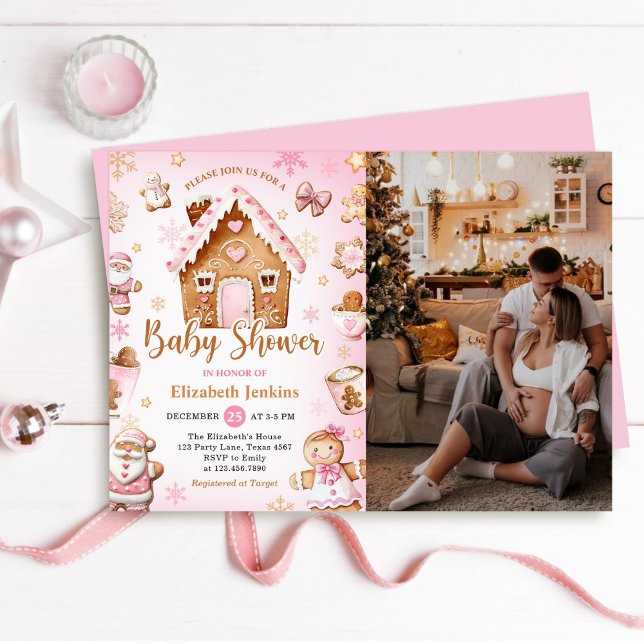 Invitation Pink Gingerbread House Christmas Baby Shower Photo (Créateur téléchargé)