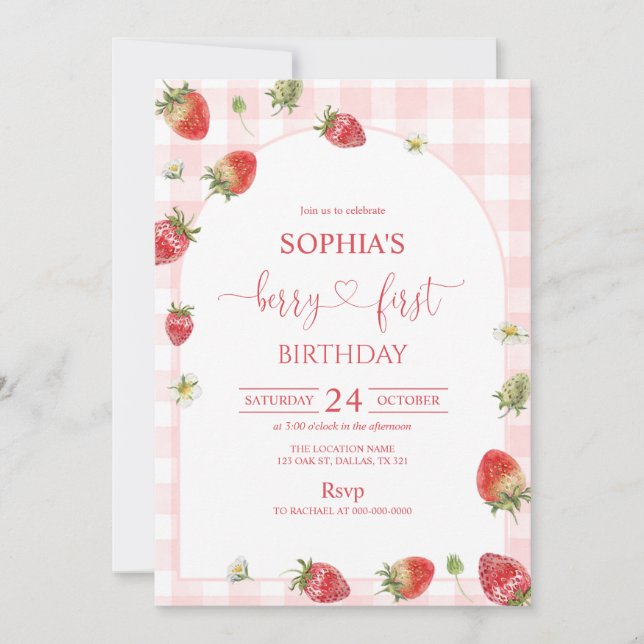 Invitation Pink Gingham Berry First Birthday 1st Birthday (Devant)
