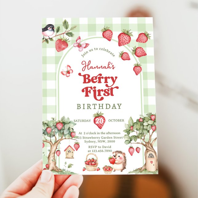 Invitation Pink Gingham Berry First Strawberry 1st Birthday (Créateur téléchargé)
