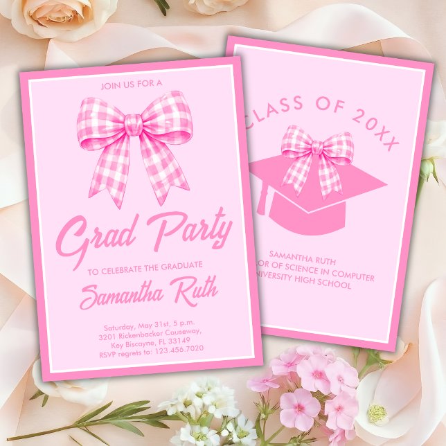 Invitation Pink Gingham Bow Graduation Party (Créateur téléchargé)