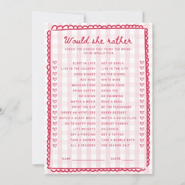 Invitation Pink Gingham Bridal Shower Would She Rather Card (Devant)