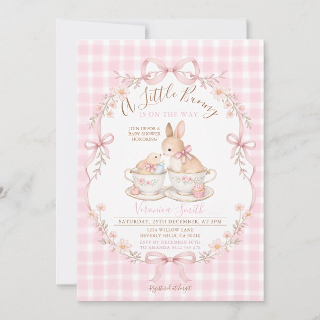 Invitation Pink Gingham Bunny Baby Shower Blush Dusty Pink (Devant)