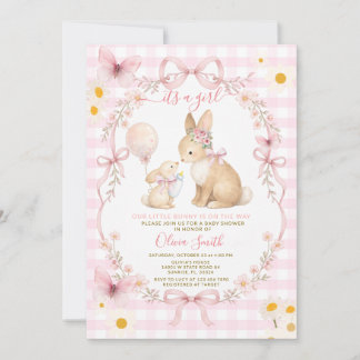 Invitation Pink Gingham Bunny Baby Shower Butterfly Daisy