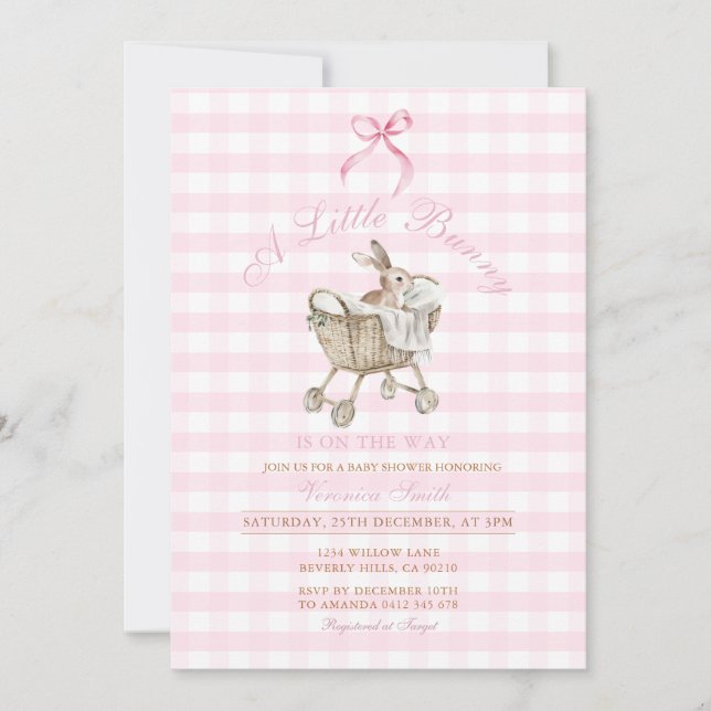 Invitation Pink Gingham Bunny Baby Shower Grandmillennial  (Devant)