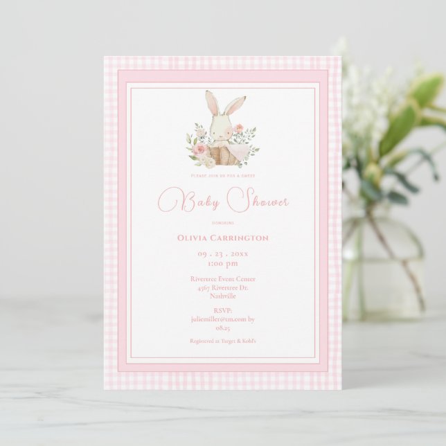 Invitation Pink Gingham Bunny Rabbit Baby Shower (Debout devant)