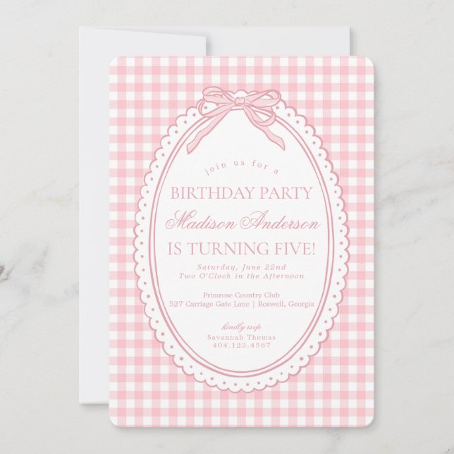 Invitation Pink Gingham Coquette Bow Birthday Party (Devant)