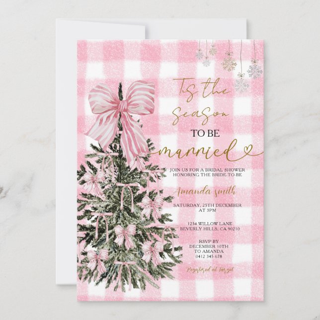 Invitation Pink Gingham Coquette Christmas Tree Bridal Shower (Devant)