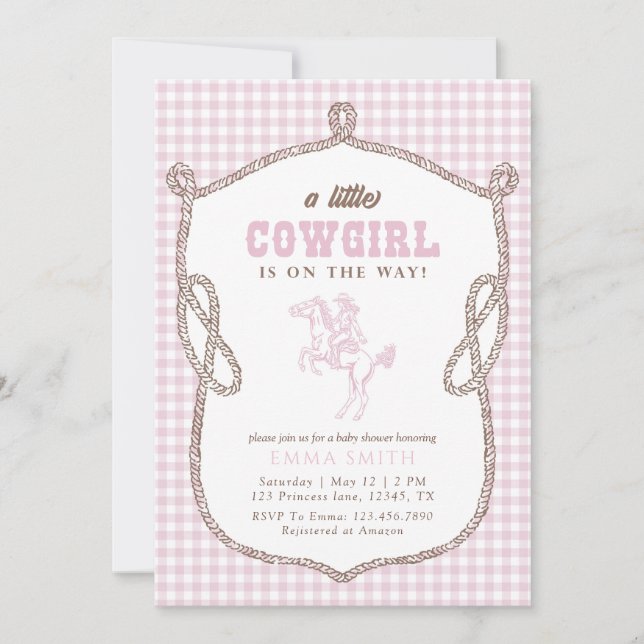 Invitation Pink Gingham Cowboy Baby Shower Vintage Preppy  (Devant)