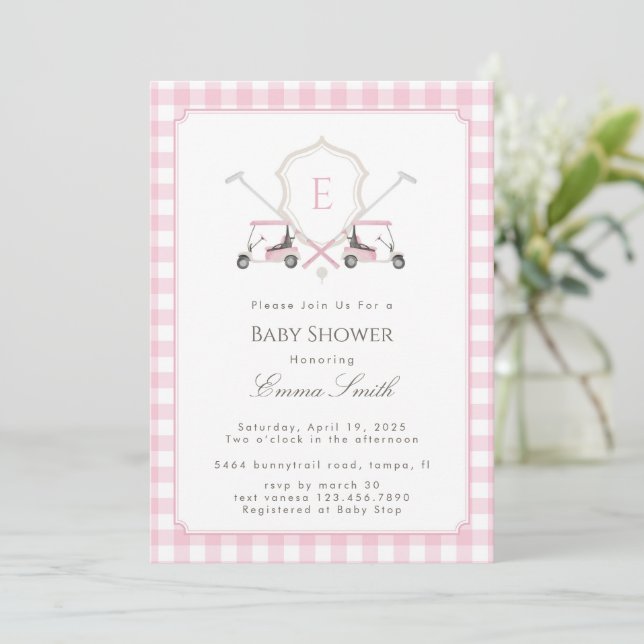 Invitation Pink Gingham Crest Monogram Golf Baby Shower (Debout devant)