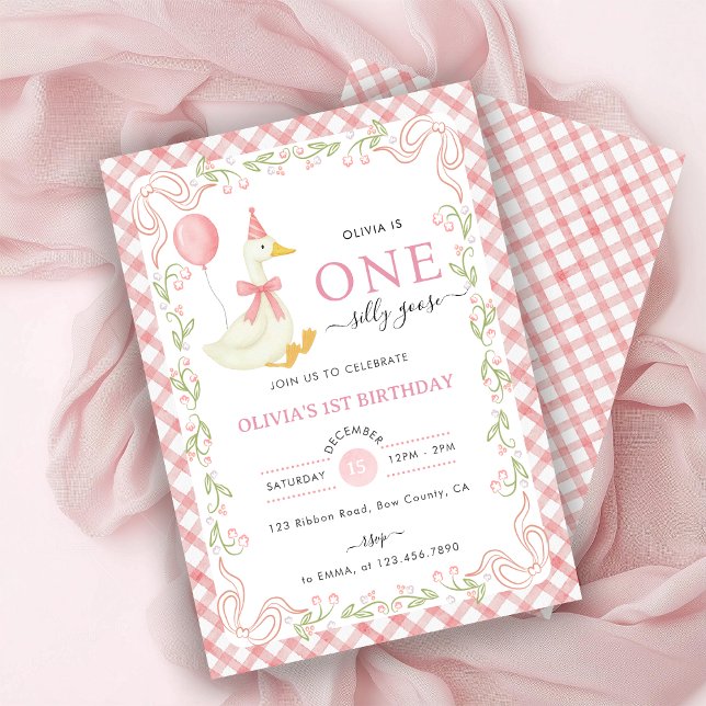 Invitation Pink Gingham Floral One Silly Goose 1st Birthday (Créateur téléchargé)