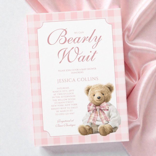 Invitation Pink Gingham Girl We Can Bearly Wait Baby Shower (Pink Gingham Girl We Can Bearly Wait Baby Shower Invitation)